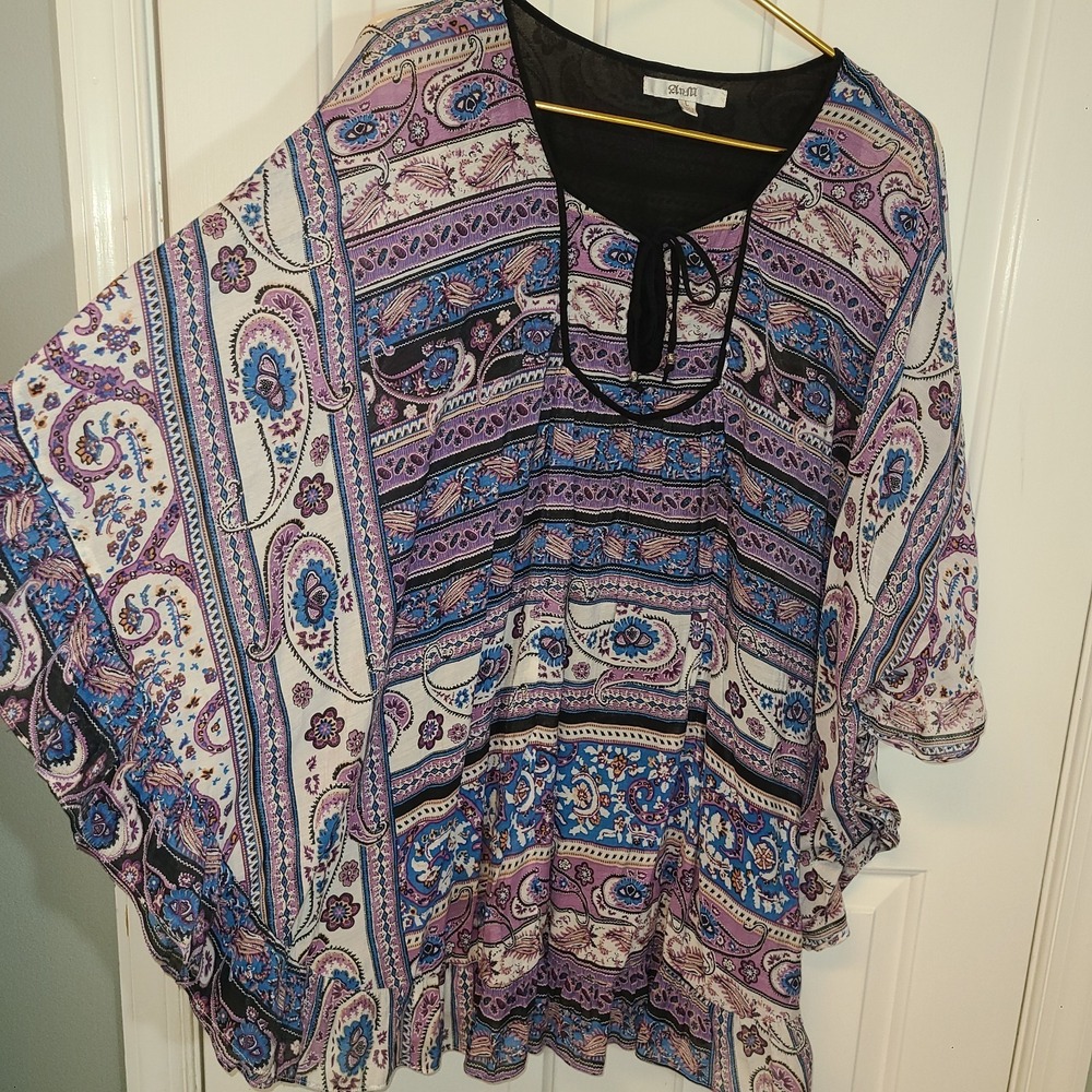 Analili Bohemian dolman sleeve tunic top blue and purple paisley floral Large - Picture 12 of 12